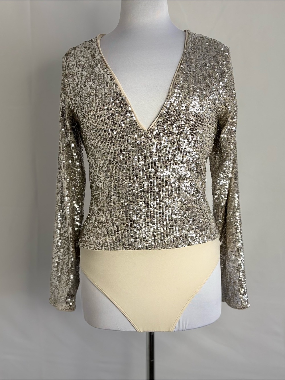 Express Champagne Sequin V-Neck Bodysuit